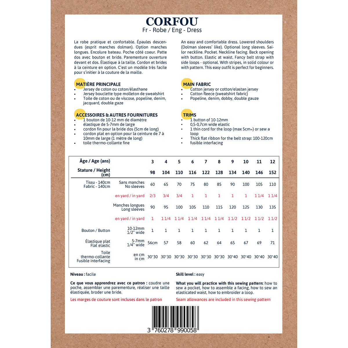 Patron de robe pour enfant format papier