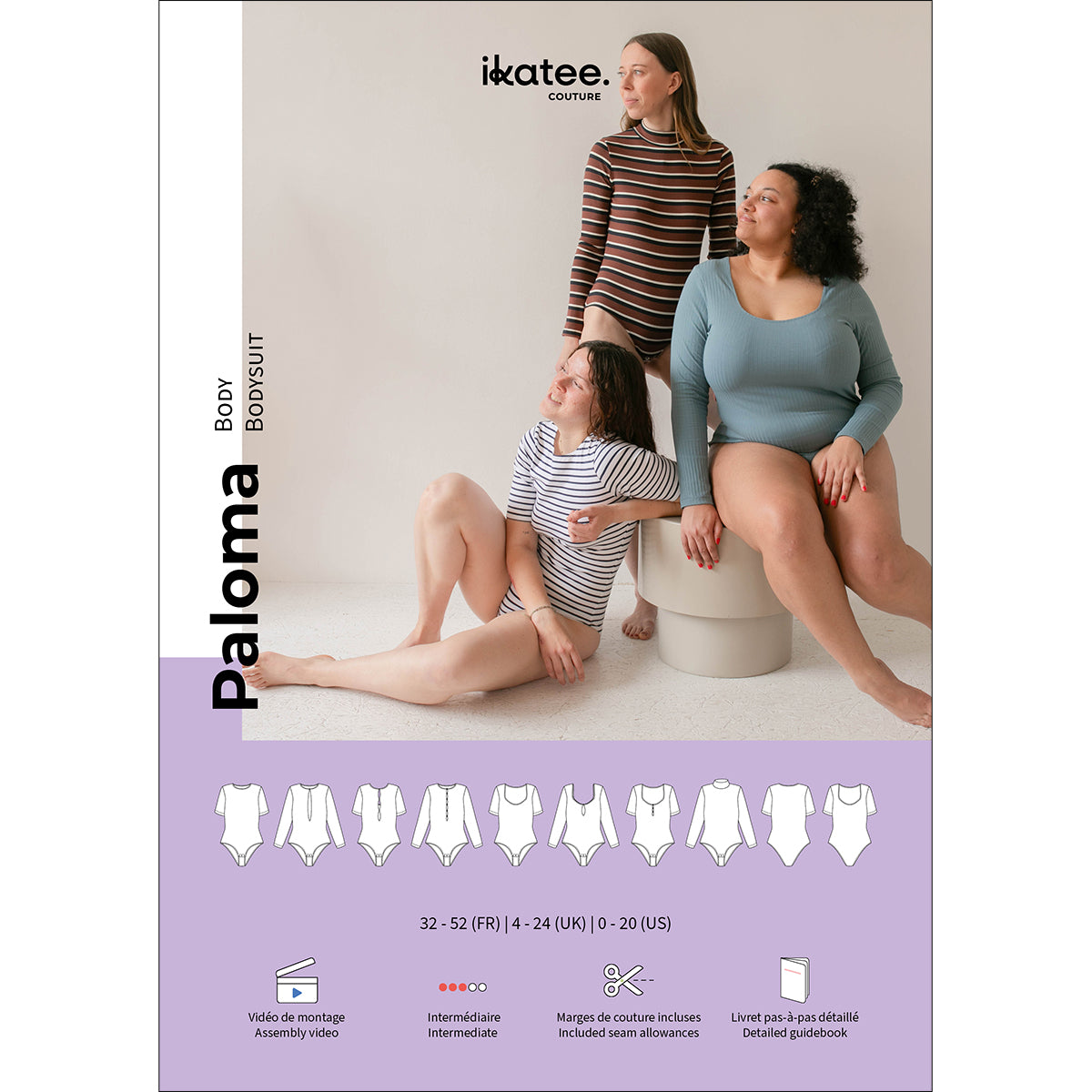 Patron de couture body femme Paloma du 32 au 52 avec 3 encolures et manches longues ou courtes