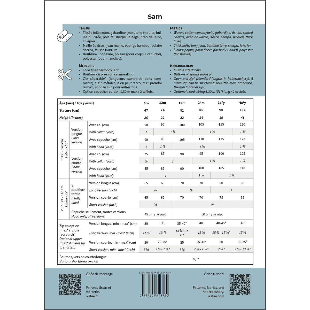 Patron de parka, veste et manteau pour bébé format papier