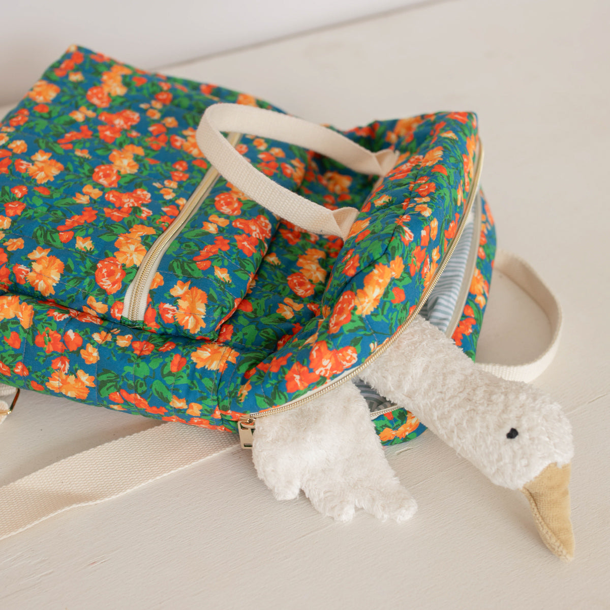 Sac à dos Eugène, patron de couture facile, patron pochette ou PDF, cousu en matelassé fleuri.
