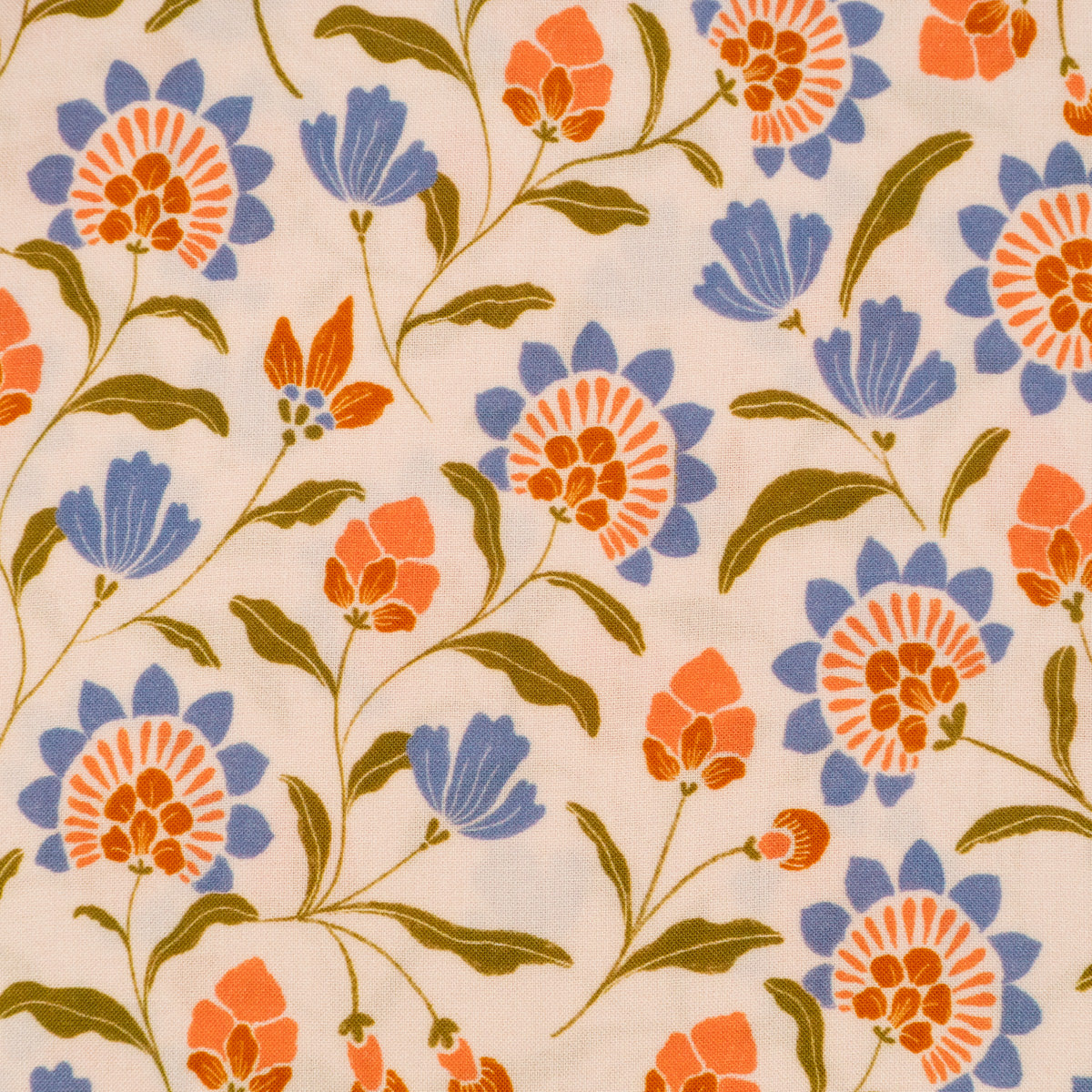 Viscose fond écru fleurs bleus, oranges et vertes de belle qualité