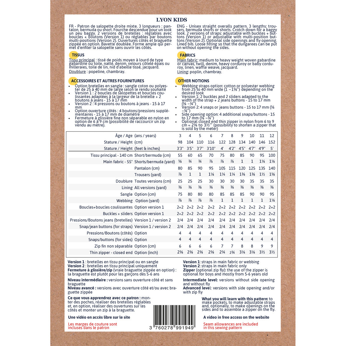 Patron de salopette pour enfant format papier