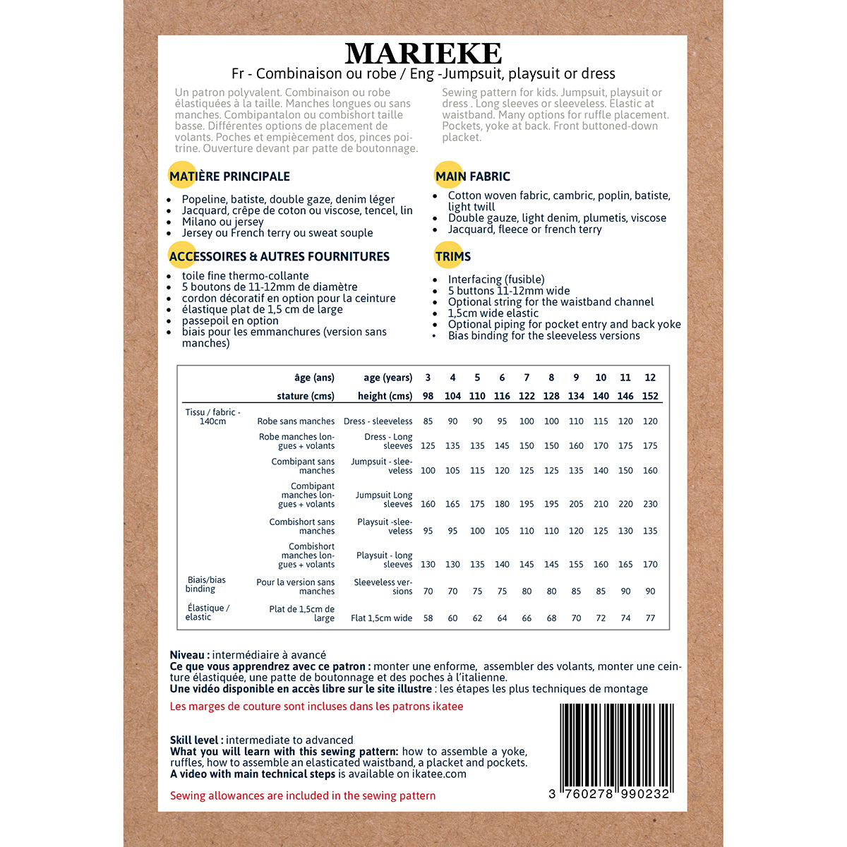 Patron de robe et combinaison pour enfant format papier