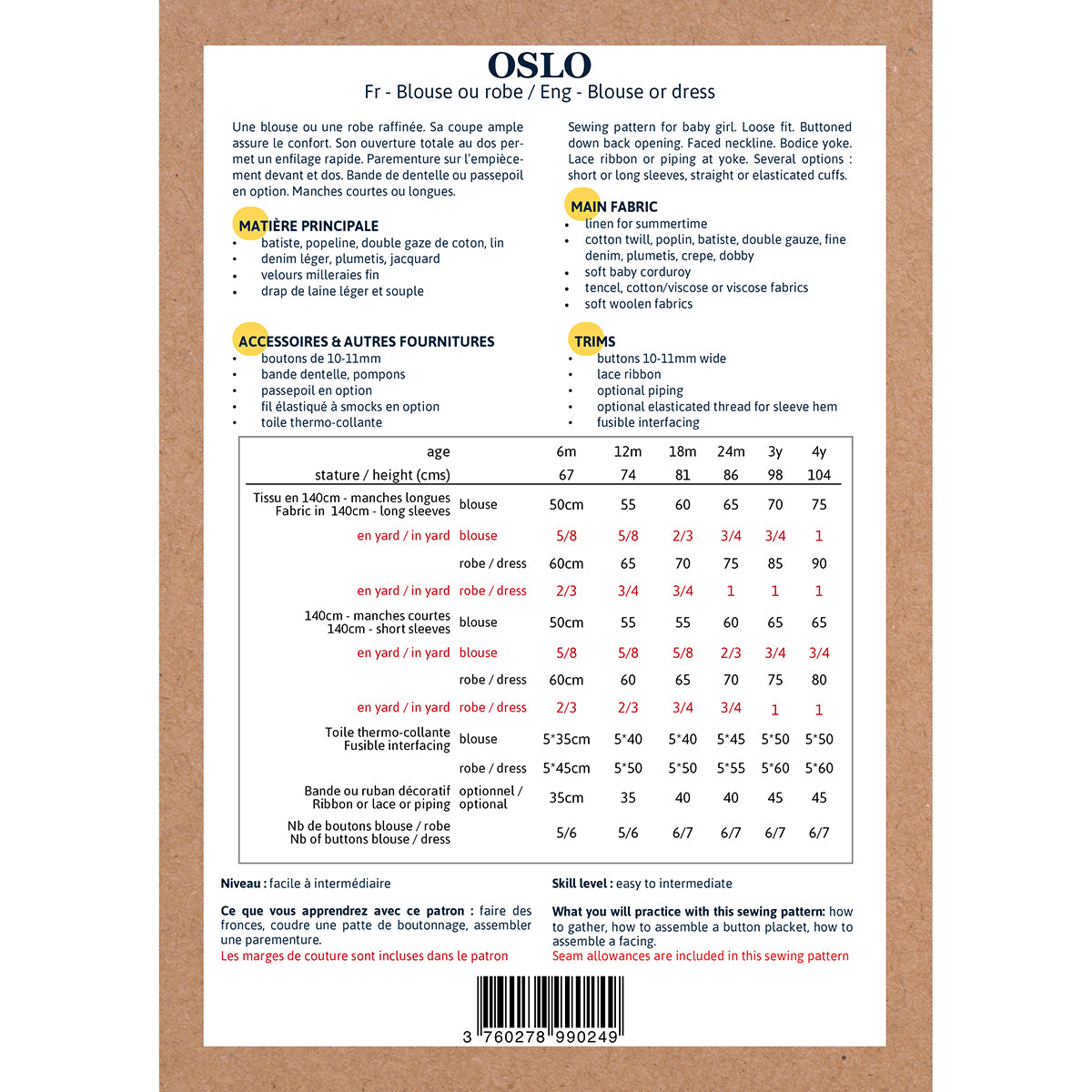 Patron de blouse et robe pour bébé format papier