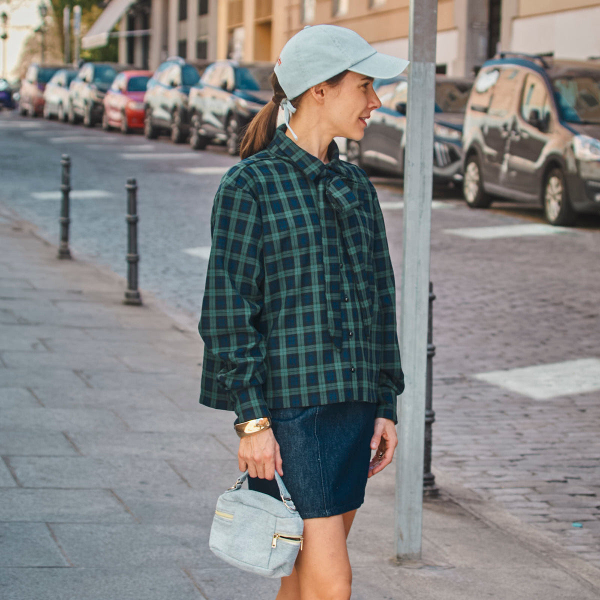 chemise femme Amsterdam col noué manches longues en flanelle tartan bleu et vert