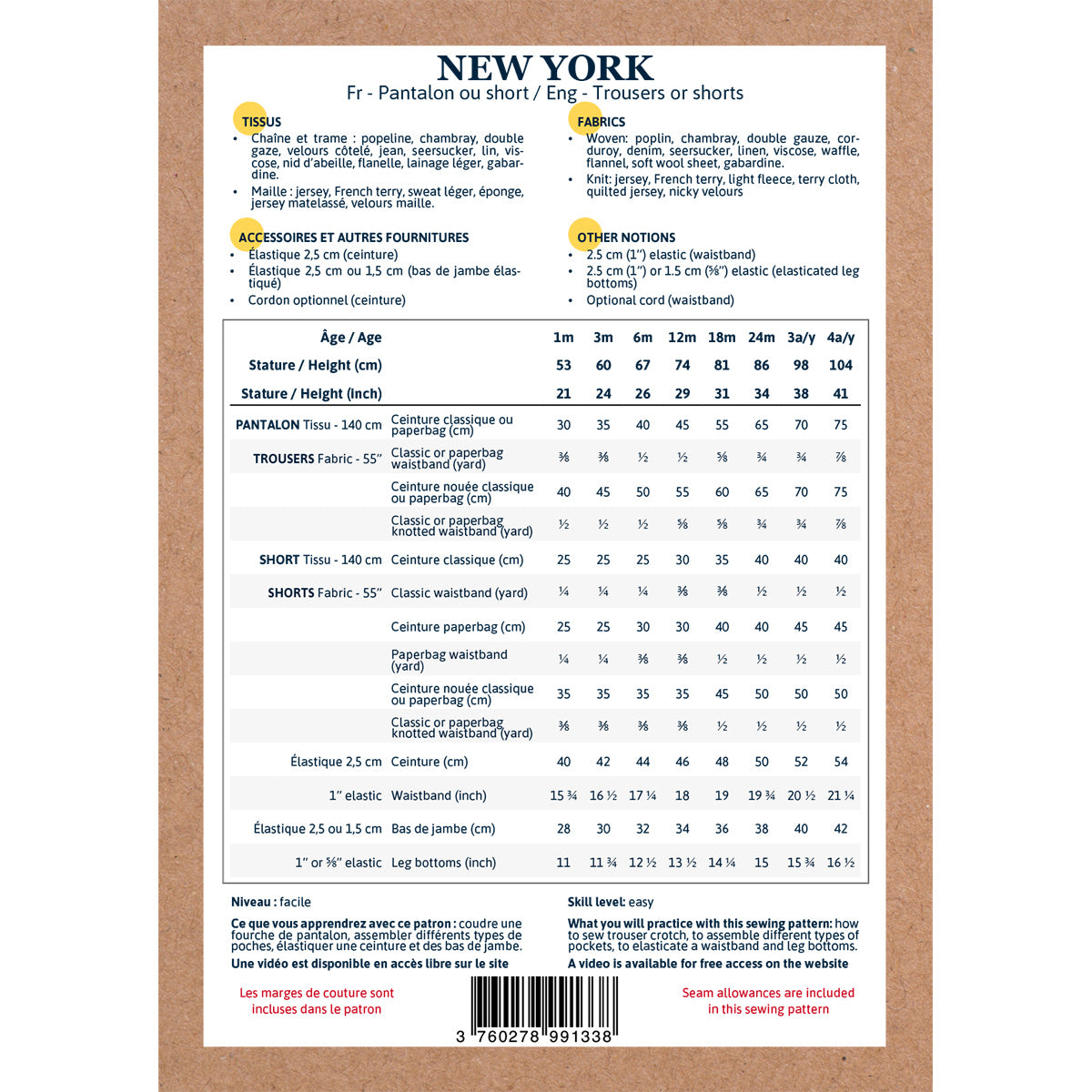 Patron de pantalon et de short pour bébé format papier