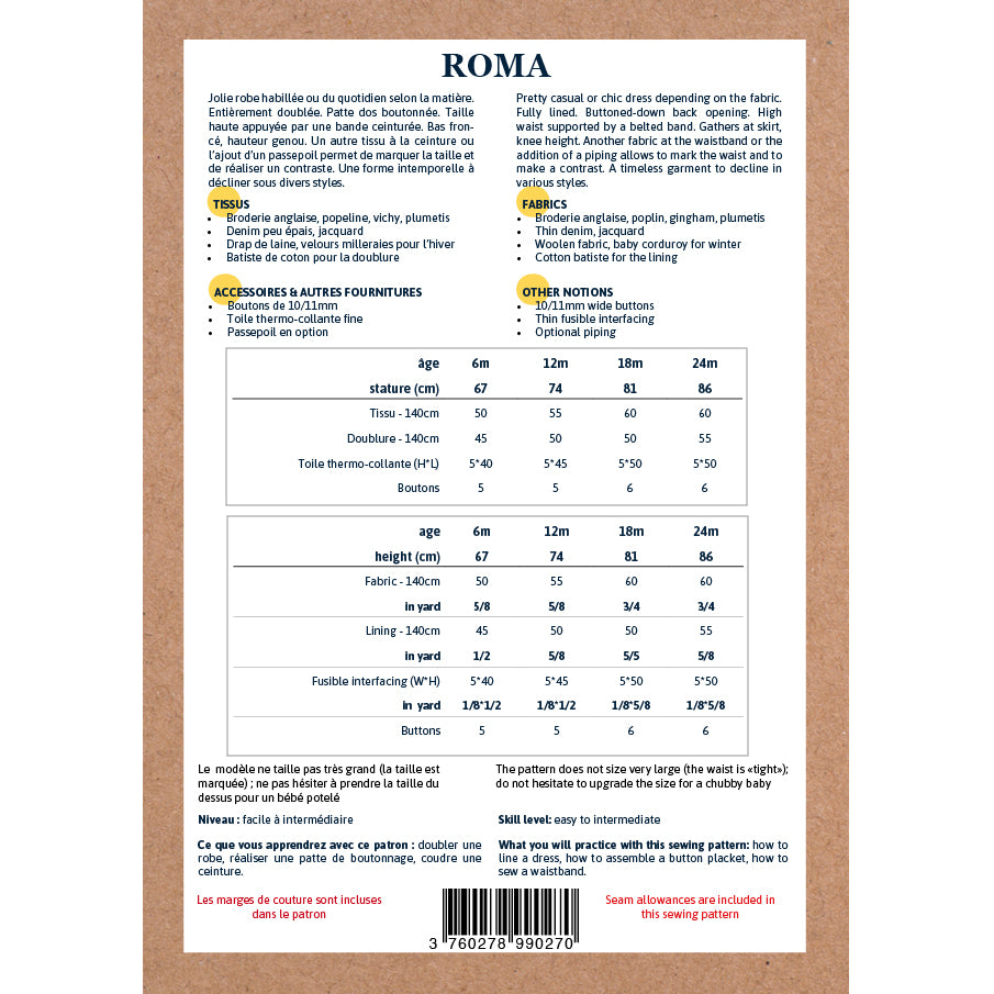 Patron de robe pour bébé format papier