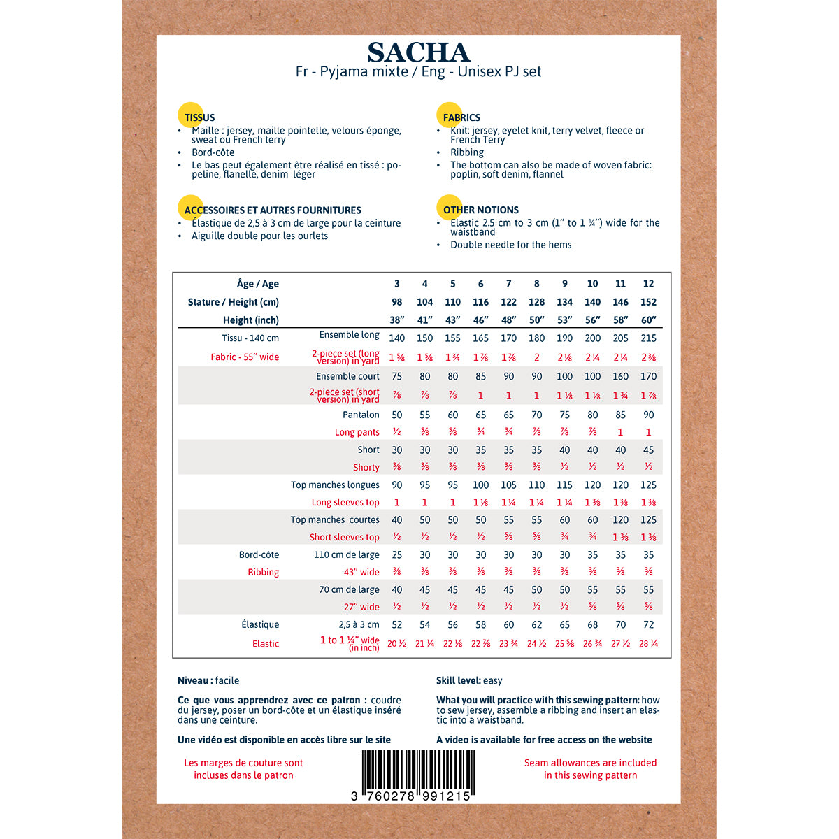 Patron de pyjama pour enfant format papier