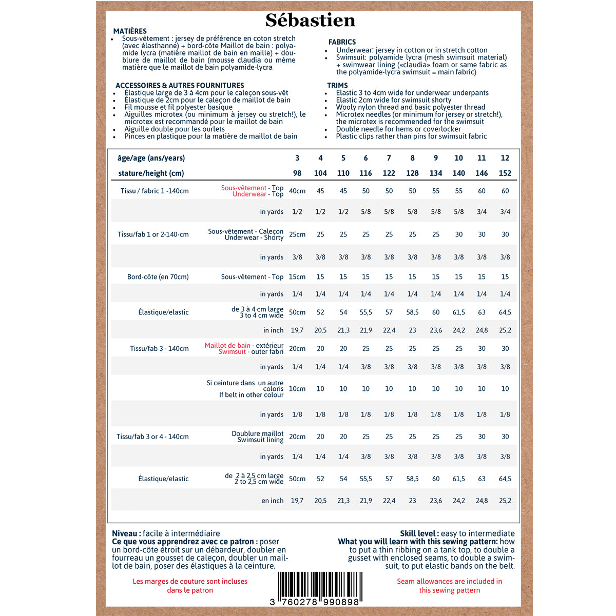 Patron de sous-vêtement et de maillot de bain pour enfant format papier