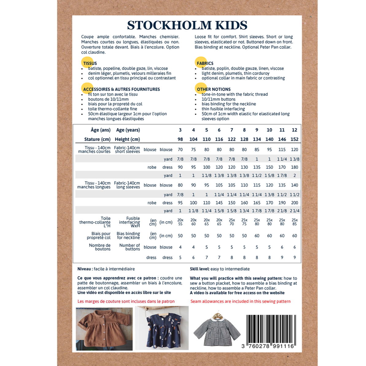 Patron de blouse et de robe pour enfant format papier