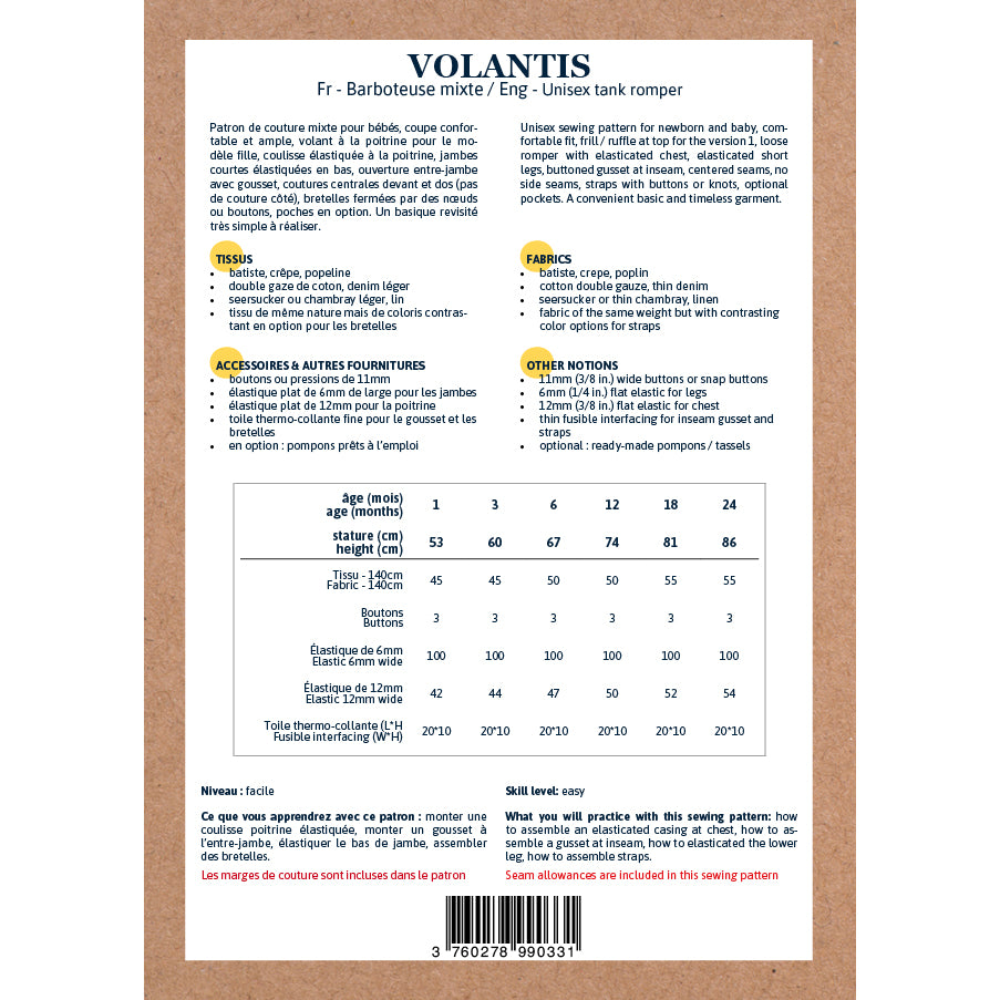 Patron de barboteuse pour bébé format papier