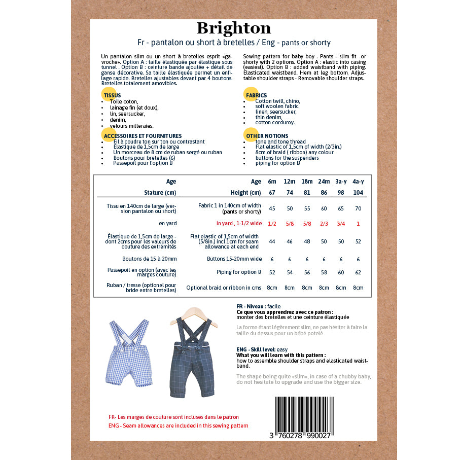 Patron de pantalon et short pour bébé format papier