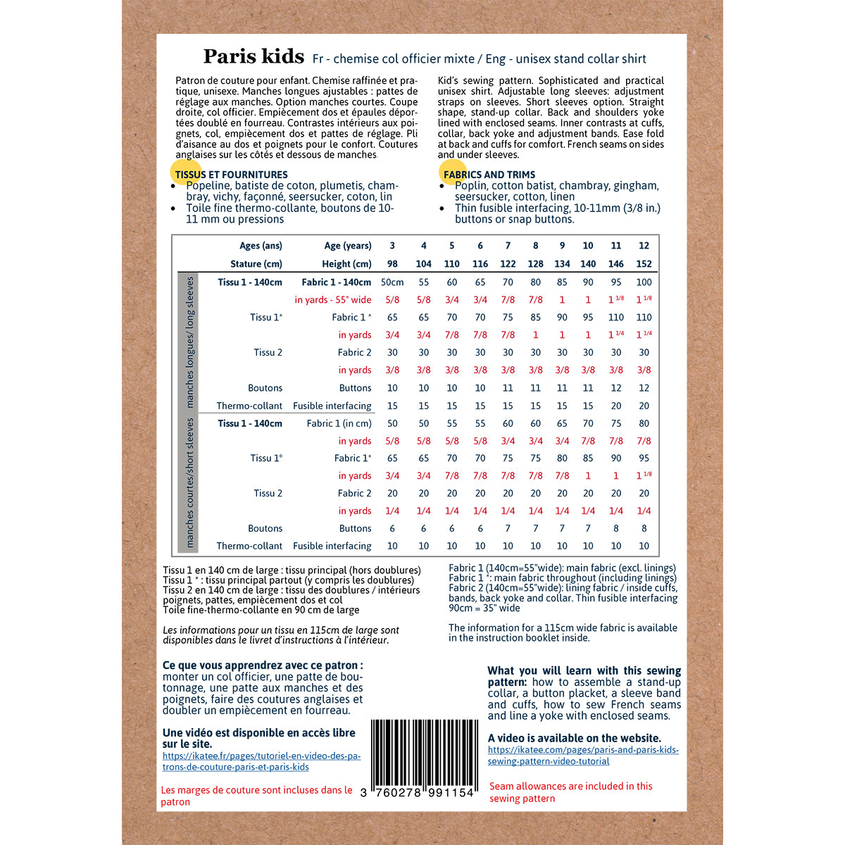 Patron de chemise pour enfant format papier