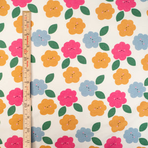French terry Bio Stretch ikatee® - Happy flowers - Blanc cassé