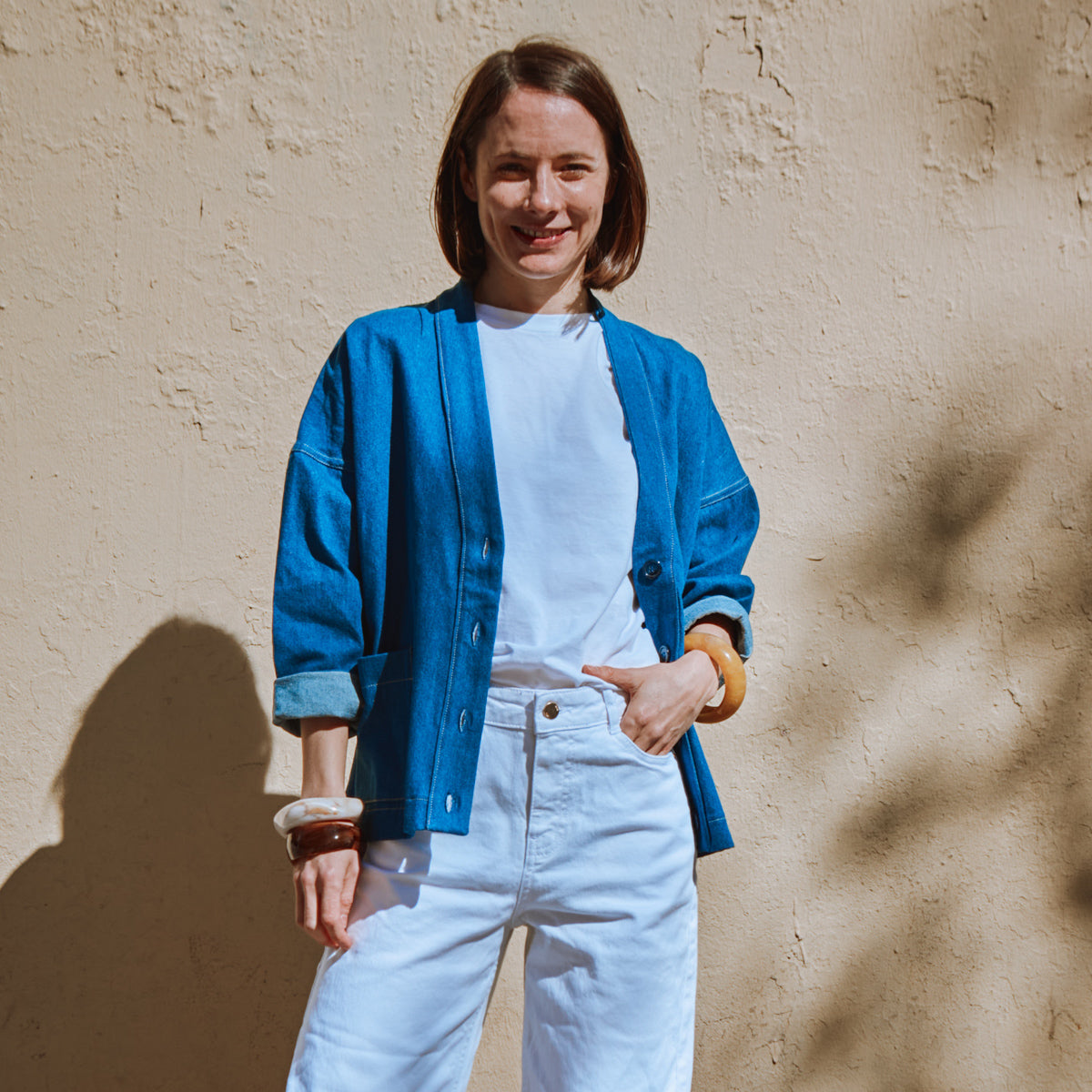 Veste femme ample denim, épaules descendues, patron de couture Macao