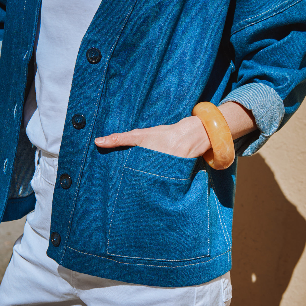 Veste femme ample denim, épaules descendues, patron de couture Macao