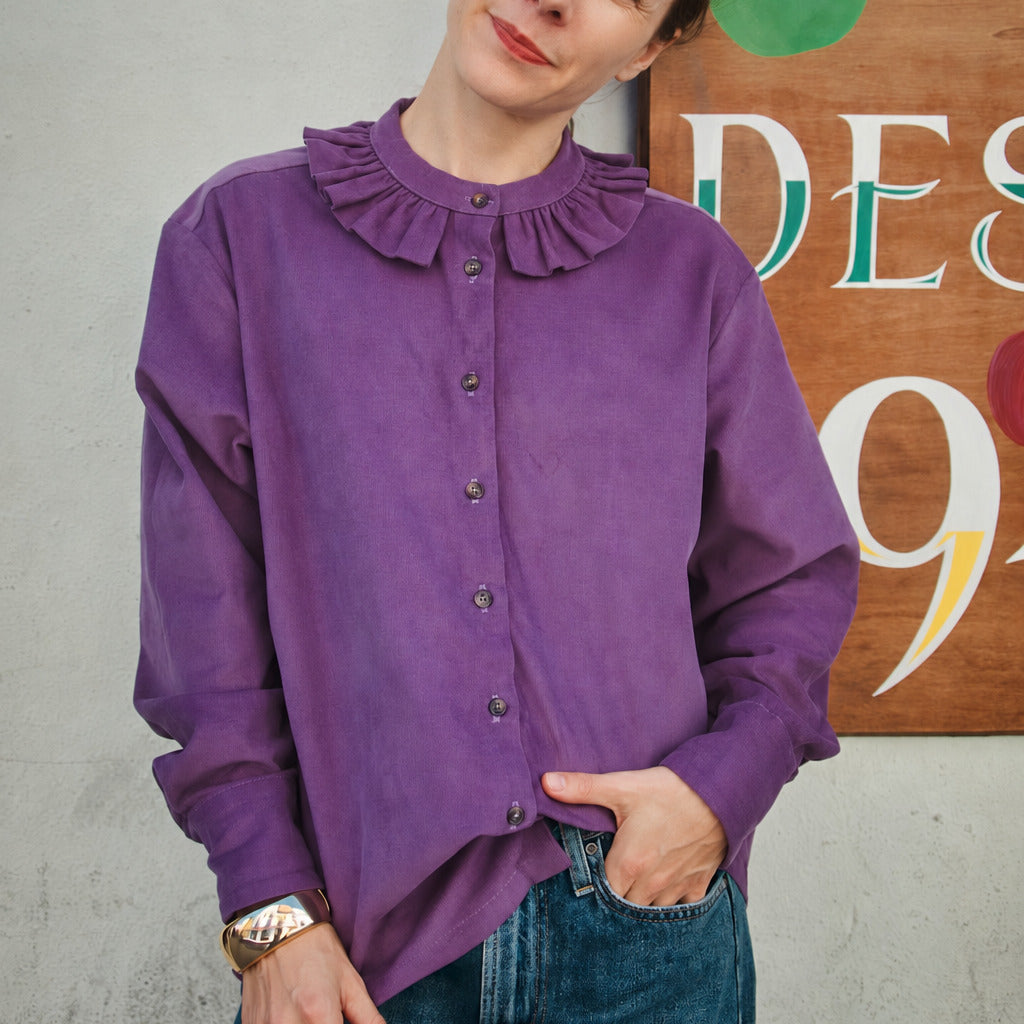 chemise femme collerette manches longues en velours milleraies lavande, patron Amsterdam